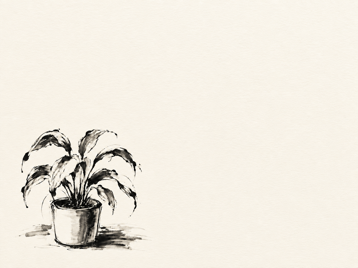 Japanese ink study of a potted plant in the lower left corner on lightly textured off-white paper, with fluid brush marks and a large empty field.