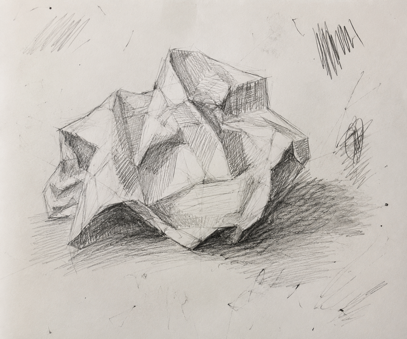 Unfinished observational drawing of crumpled paper in graphite, with construction lines, hatching and stray exploratory marks visible.