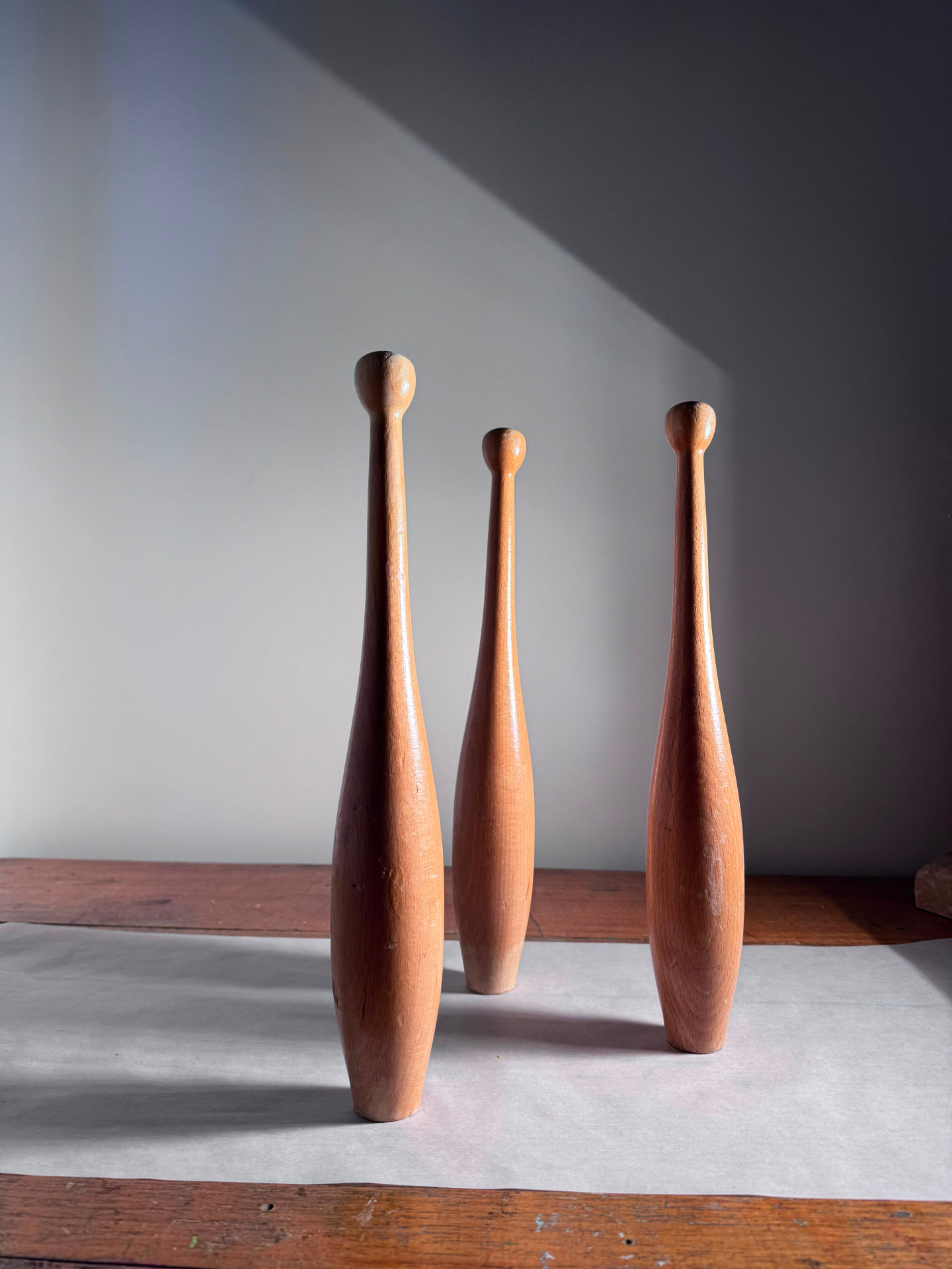 Three turned wooden forms standing on paper under strong directional light, casting long shadows, with a diagonal boundary between light and shadow on the wall behind them.