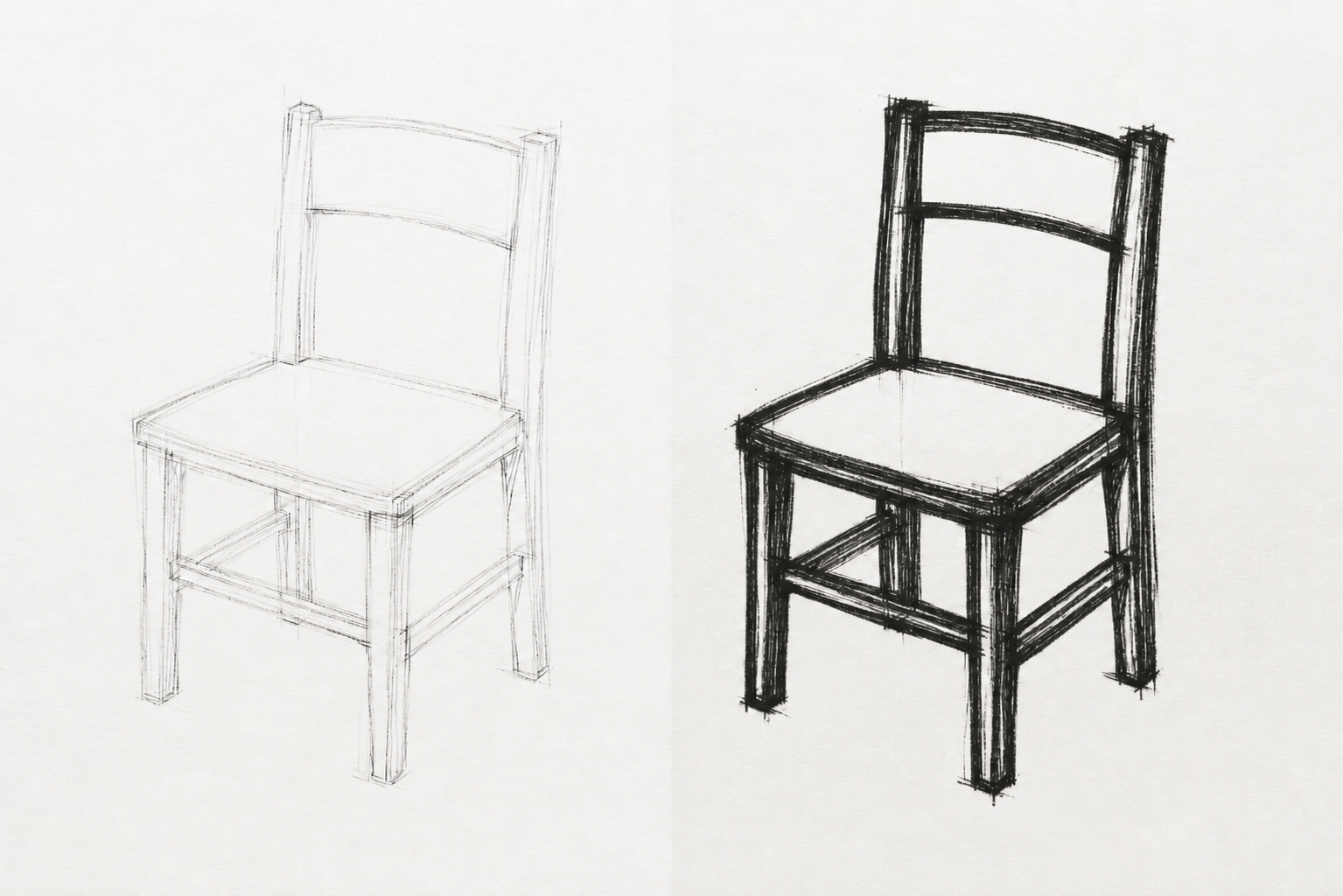 Two studies of the same chair side by side: the left drawn with a light line, the right drawn with a heavier, darker line.