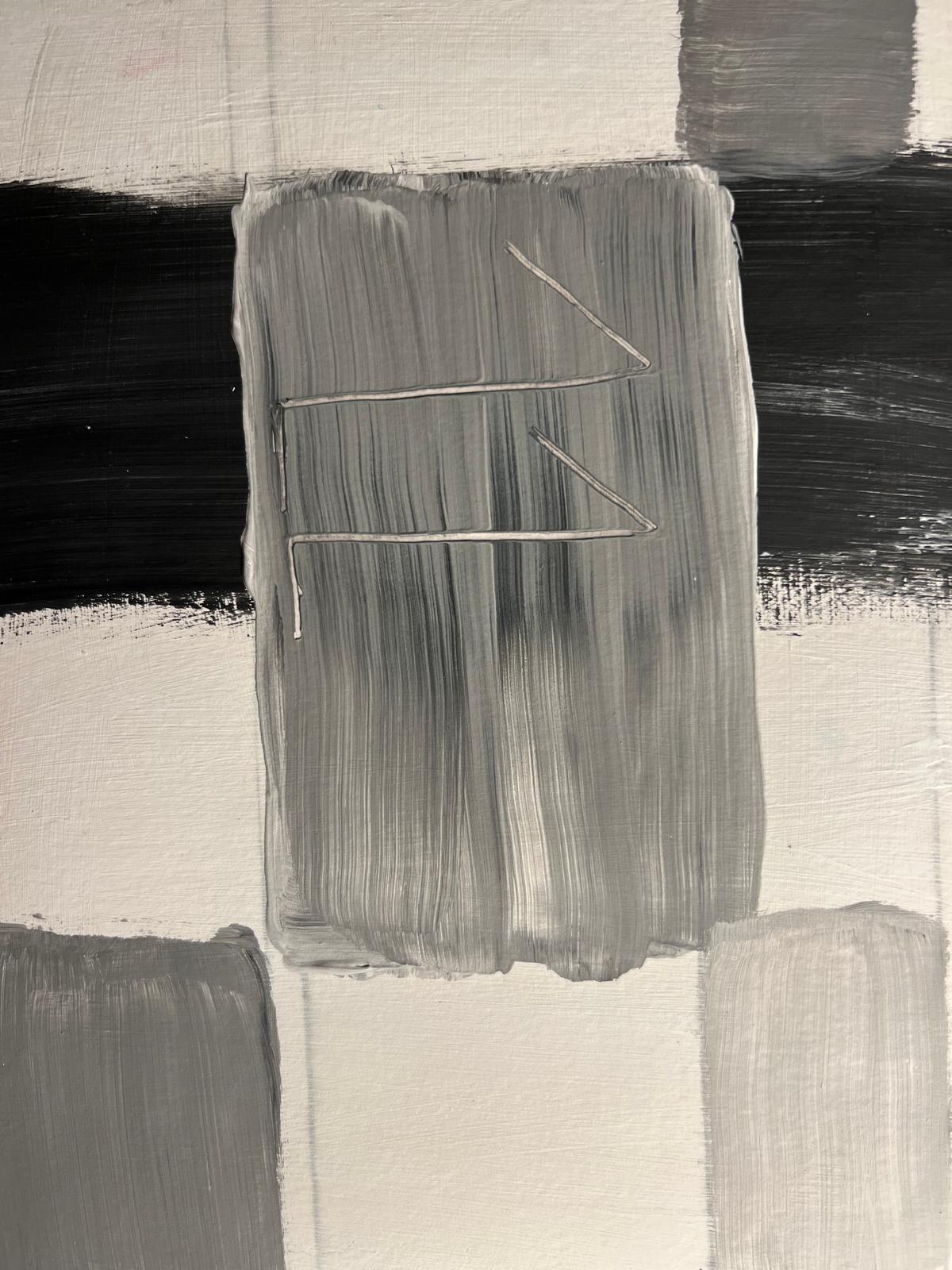 Grey and black painted rectangles with visible brush direction and scratched linear marks.