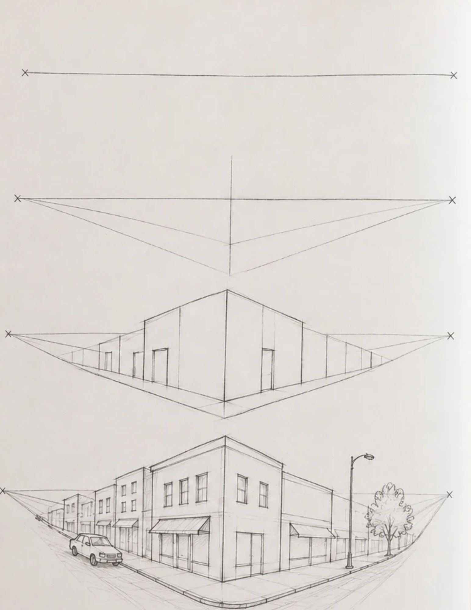 An open-sketchbook graphite perspective study: a simple two point perspective construction with a horizon line and two vanishing points, developing gradually from a basic box into a simple street corner with buildings, windows, doors and a tree, working lines still visible.