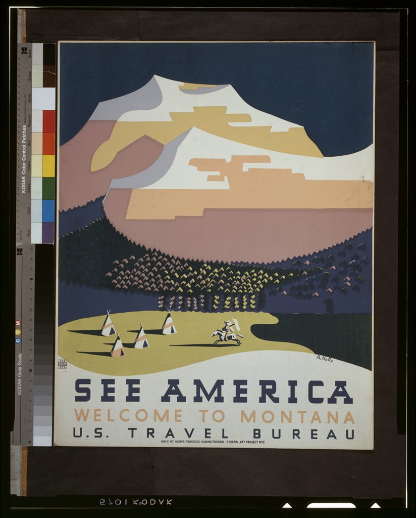 Screenprinted travel poster of a mountain range in flat bands of colour, with large block lettering cropped hard against the poster edge.