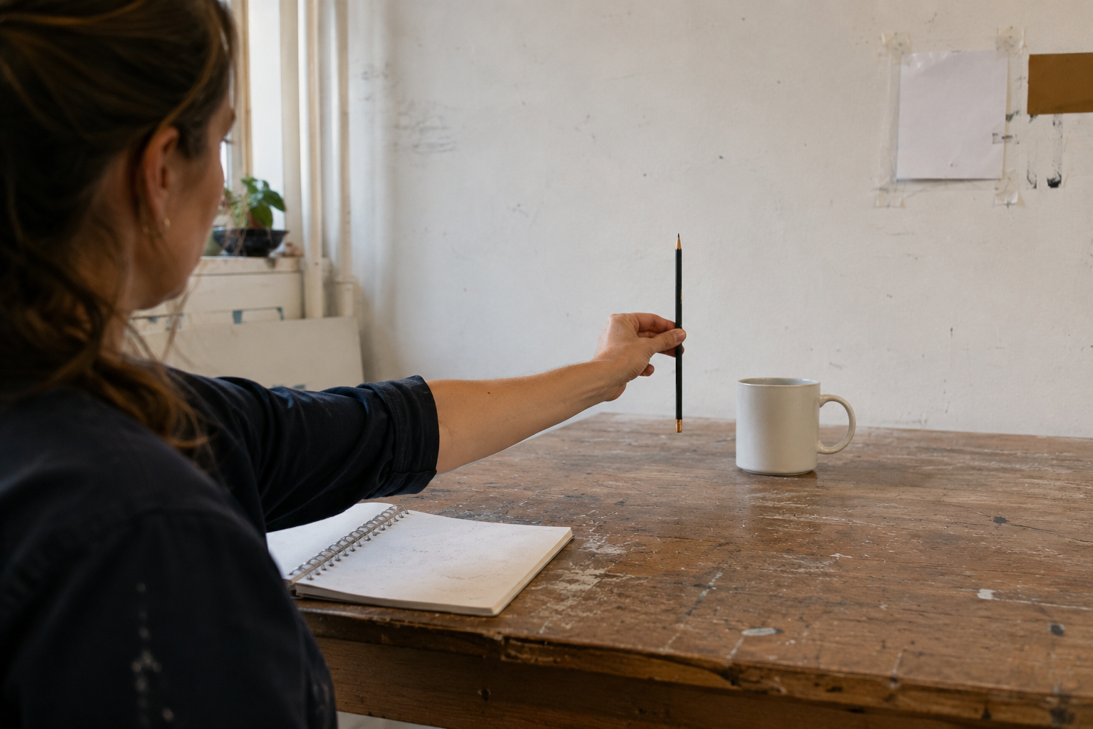 A woman seated at a scratched wooden studio table holds a pencil vertically at arm's length, thumb on the pencil, comparing it with a plain white mug on the table in front of her. An open sketchbook lies beside her.