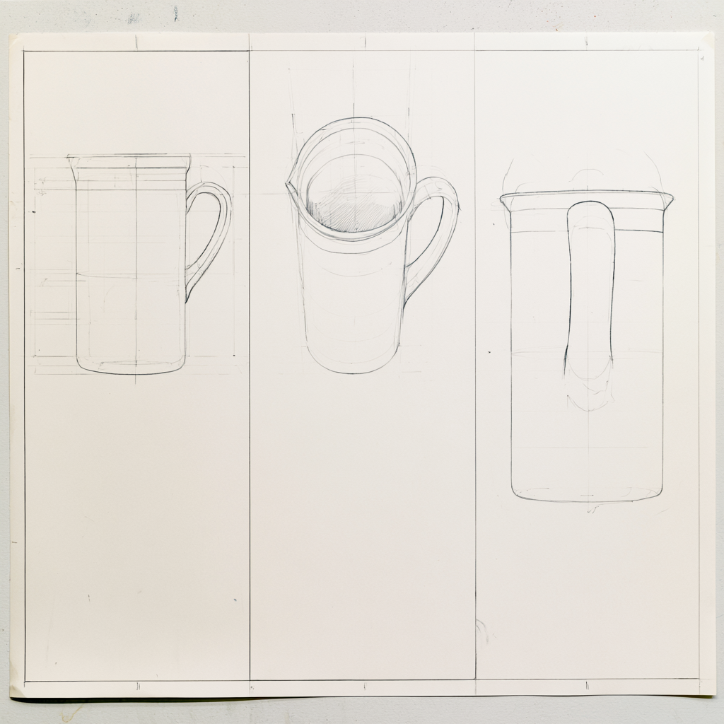 A single studio sheet showing three observational pencil drawings of the same jug from different viewpoints: side, three-quarter, and top-down.