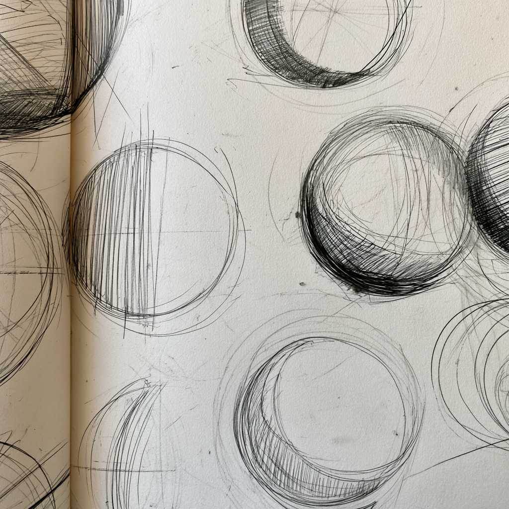 Sketchbook page of pencil-drawn circles and spheres, each shaded with a different kind of contour hatching.