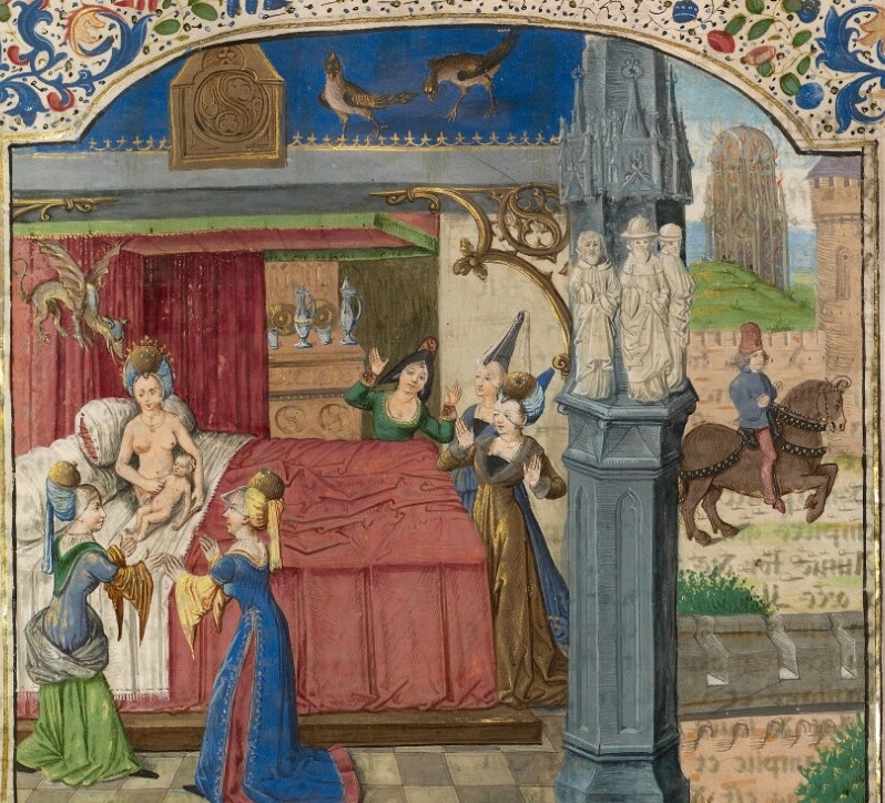 Illuminated manuscript scene showing the newborn Alexander with his mother and attendants, a dragon above, two roosters below and a burning building in the distance.