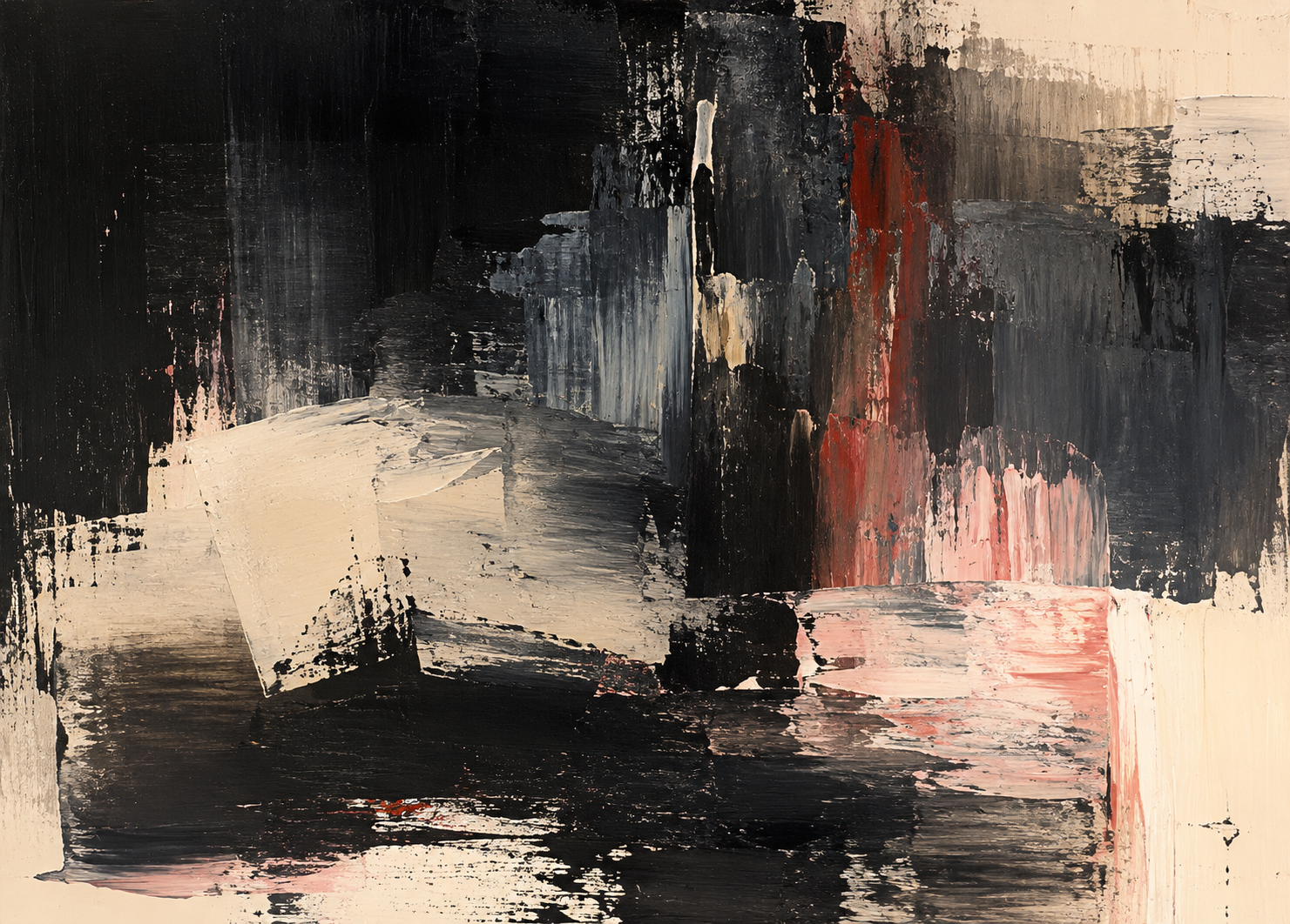 Abstract painting in black, warm grey and muted red, with broad gestural brushstrokes and scraped-back layers