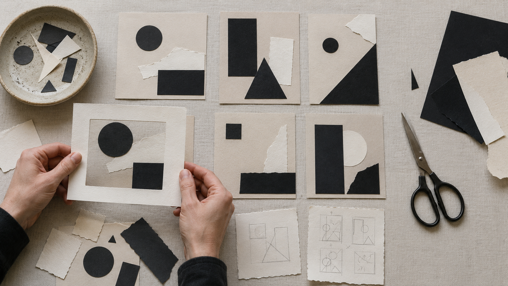 Studio workspace showing several black and cream paper compositions being tested and rearranged before a final arrangement is chosen.