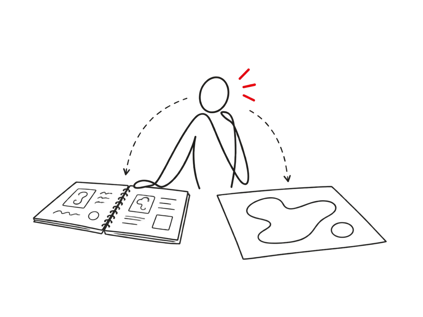 A sparse black drawn figure holding up two pieces of material, comparing one against the other.