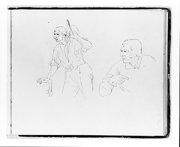 Two pencil studies of the same seated man drawn side by side on one sketchbook page.